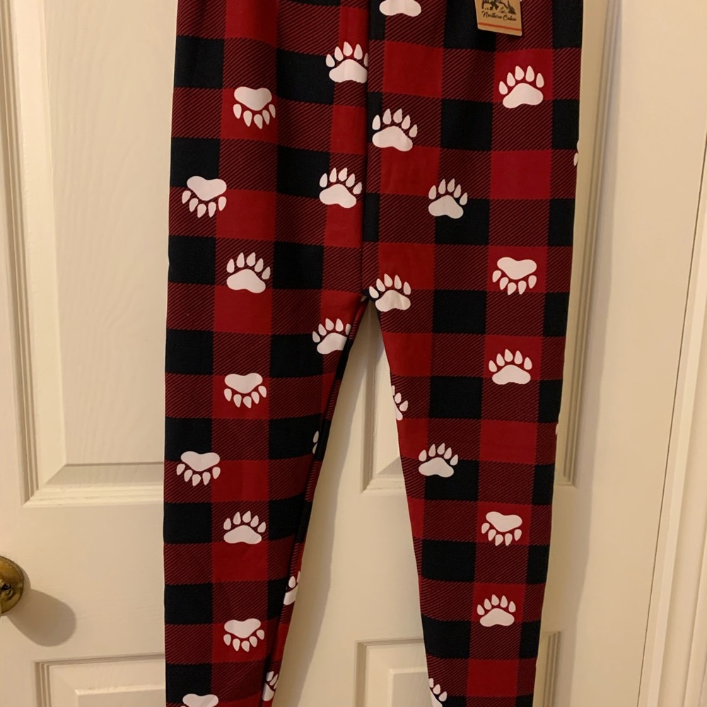 Fleece lined Red Plaid Leggings with Paw Print Design